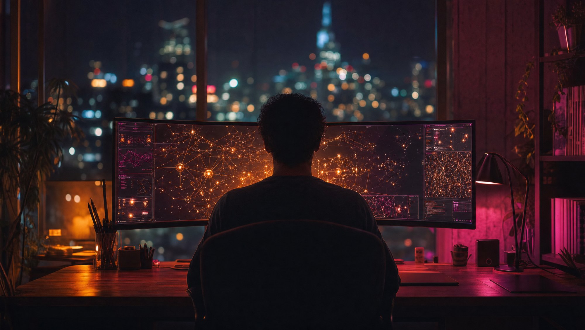 Sala escura com monitor ultrawide exibindo uma rede de agentes de inteligência artificial